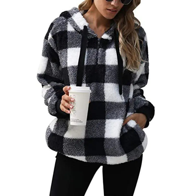 Women's Plaid Long-sleeved Hooded Plush Sweater