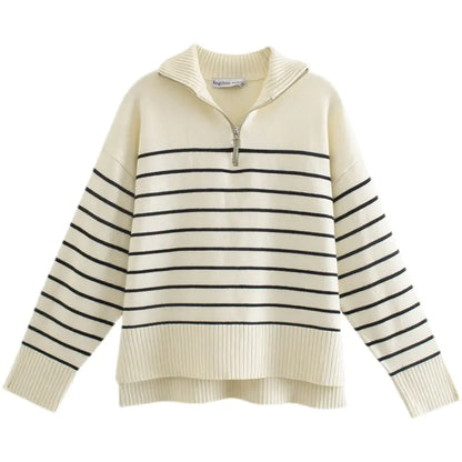 Women's Autumn Long-Sleeved Striped Sweater Coat